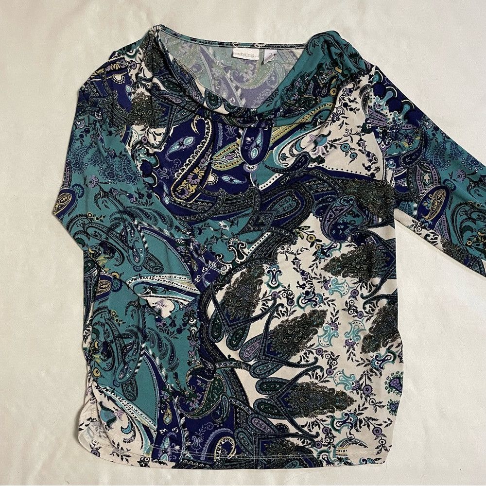 Chicos Chico's Cowl Neck 3/4 Sleeve Paisley Top Size 2 US L Size L / US 10 / IT 46 - 8 Thumbnail