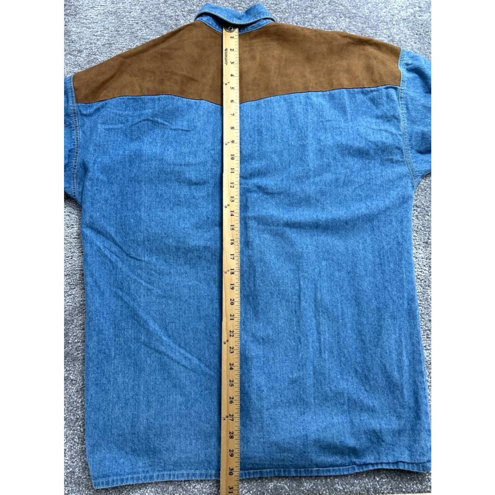 VINTAGE Rivergold Western Shirt Mens Large Denim Leather Effect Panel Cowboy Shirt