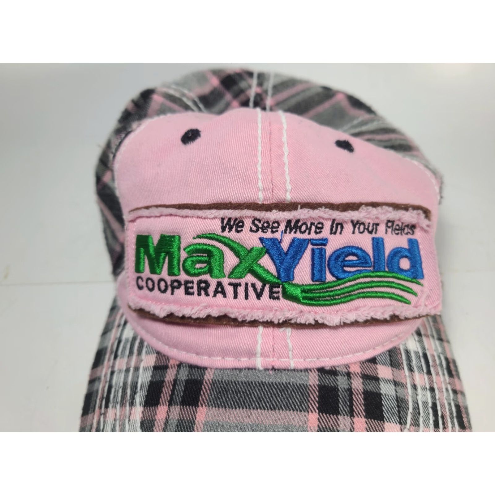 Pinko Cap America MaxYield Cooperative Hat Baseball Cap Pink Plaid Cotton Canvas Adjustable Unisex Adults Farmers Farming Theme 90s? Size ONE SIZE - 2 Thumbnail