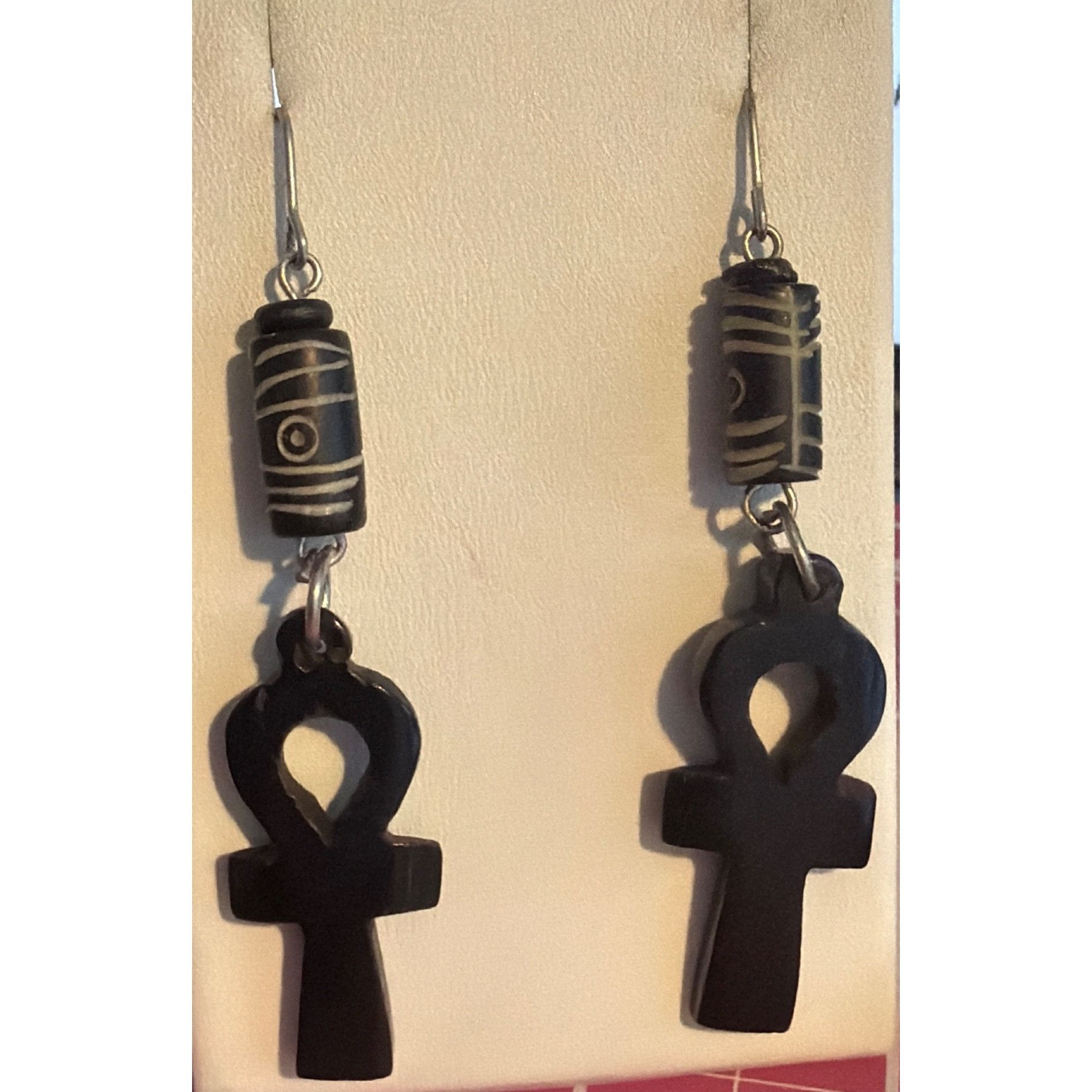 Other Black Ankh Dangle Earrings Tribal Wood Beads Silver Tone Hoo Size ONE SIZE - 1 Thumbnail