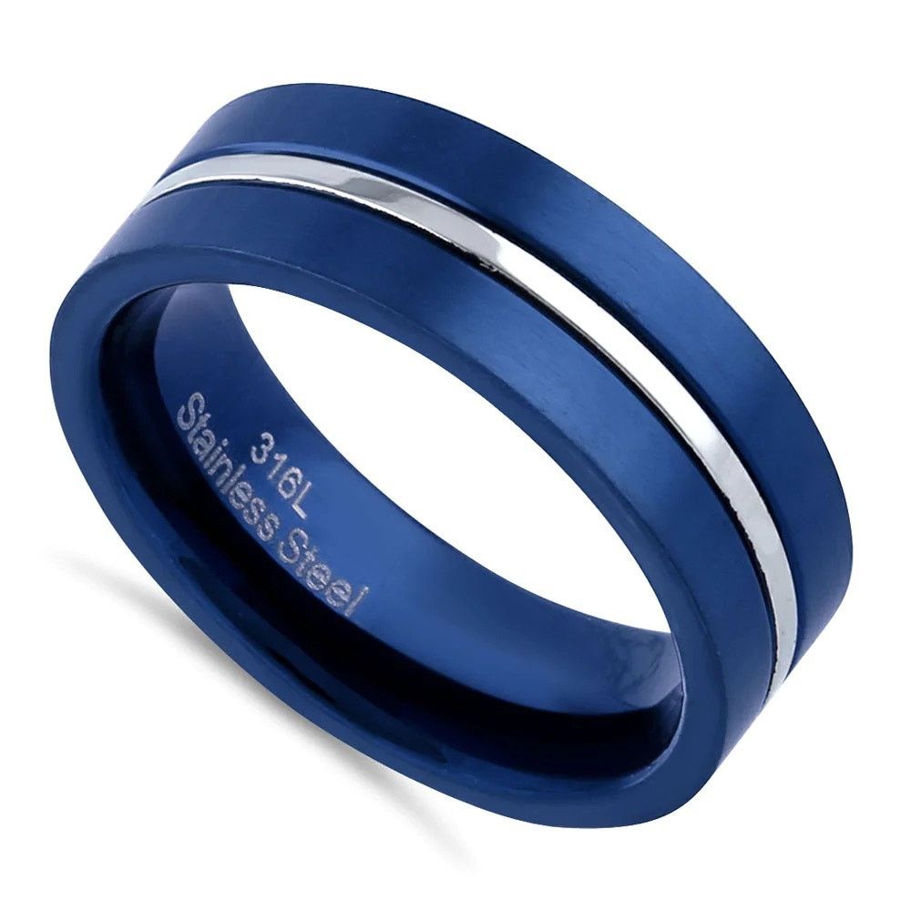 The Unbranded Brand Blue Stainless Steel 6.5mm Satin Finish Striped Band Ring Size ONE SIZE - 1 Thumbnail