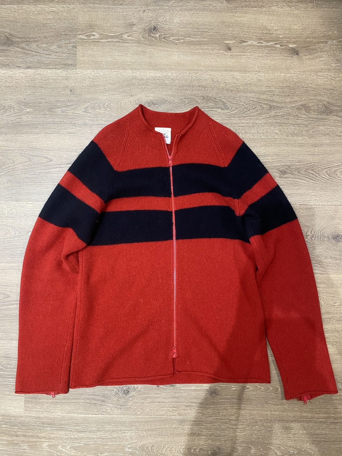 Yuji Yamada Yuji Yamada, Red Striped Zip-Up Cardigan Size US M / EU 48-50 / 2 - 1 Thumbnail