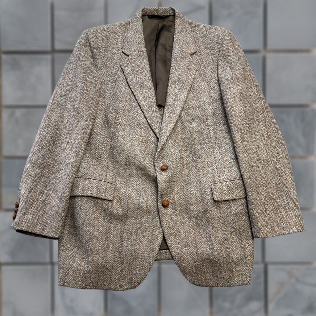Harris Tweed VINTAGE Brooke & Deane Blazer Jacket Mens 42 Brown Herringbone Tweed Wool Notch 2-Button Single-Breasted Classic Fall Winter Spring Coat Size 42R - 1 Thumbnail