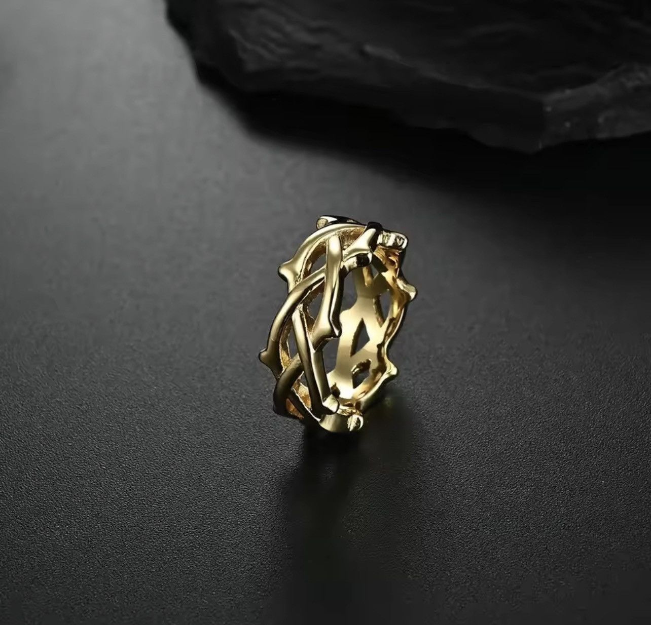 Tribal Thorns Ring Spike Graffiti Goth Punk Rock Jewelry in Gold, Men's