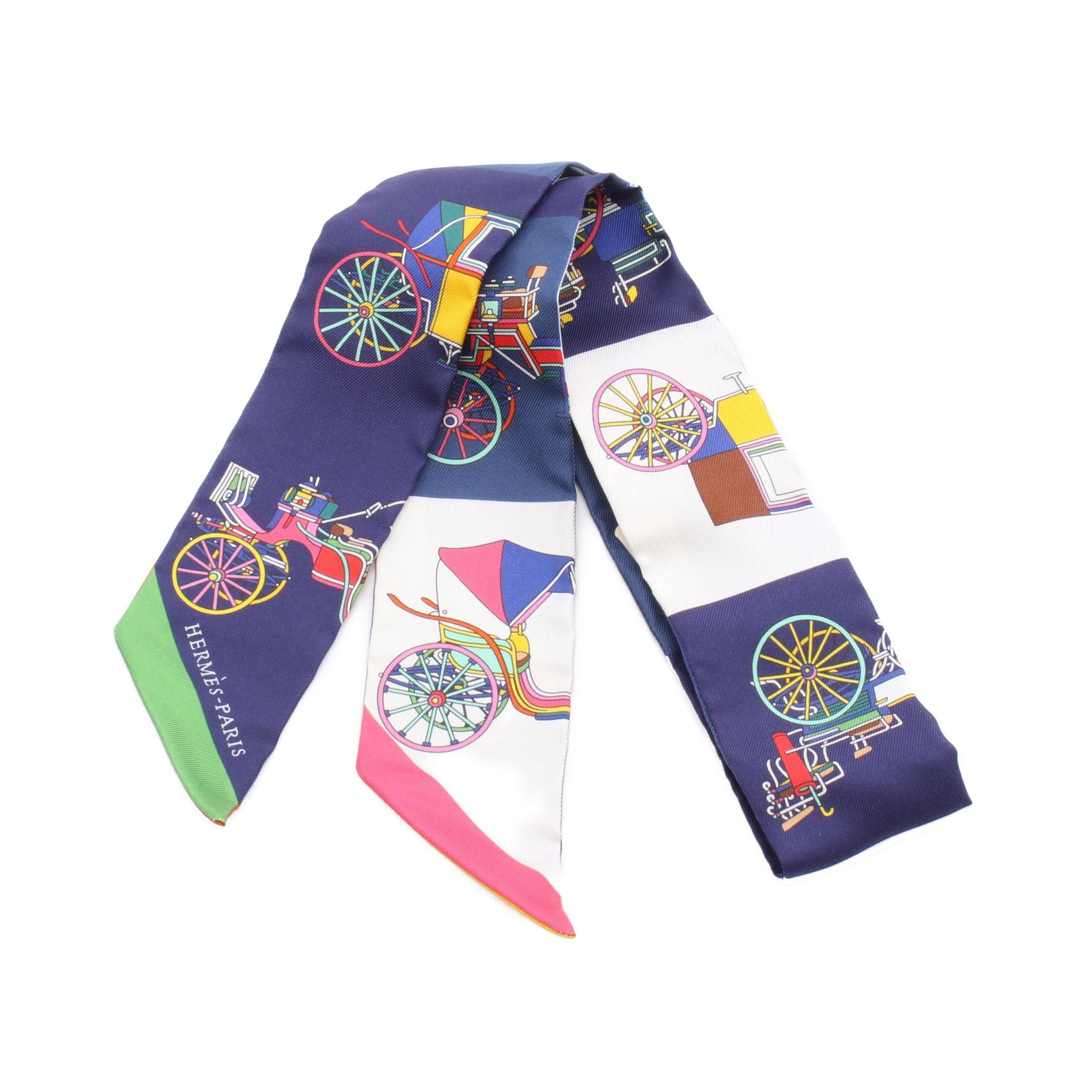 Hermes Hermes Twilly Voitures Exquises Ribbon Scarf Silk Navy Multicolor Size ONE SIZE - 1 Thumbnail