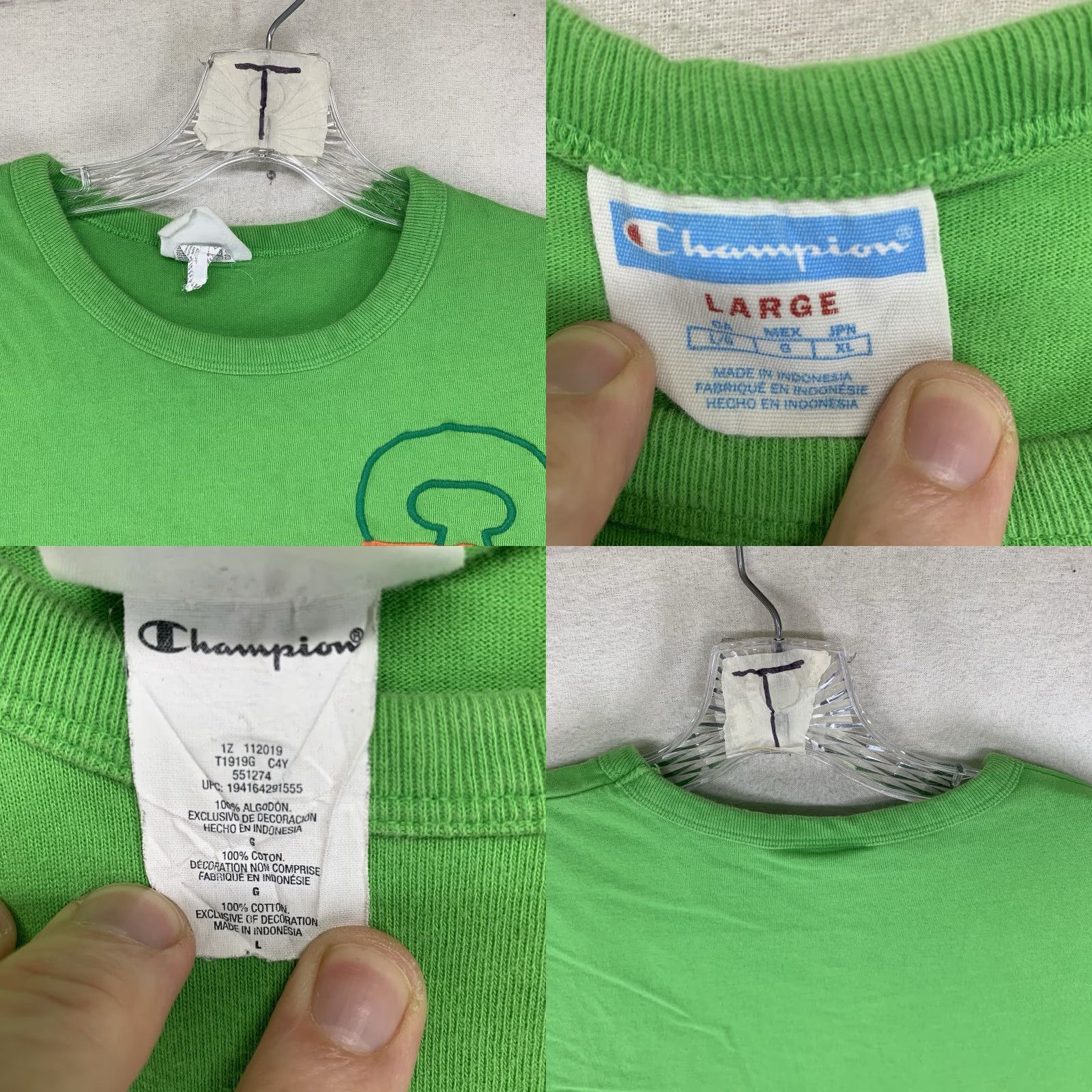Champion VINTAGE Champion Men's T-Shirt Crew Neck Short Sleeve Neon Green Logo Embroidered Cotton All Seasons L Size US L / EU 52-54 / 3 - 8 Thumbnail