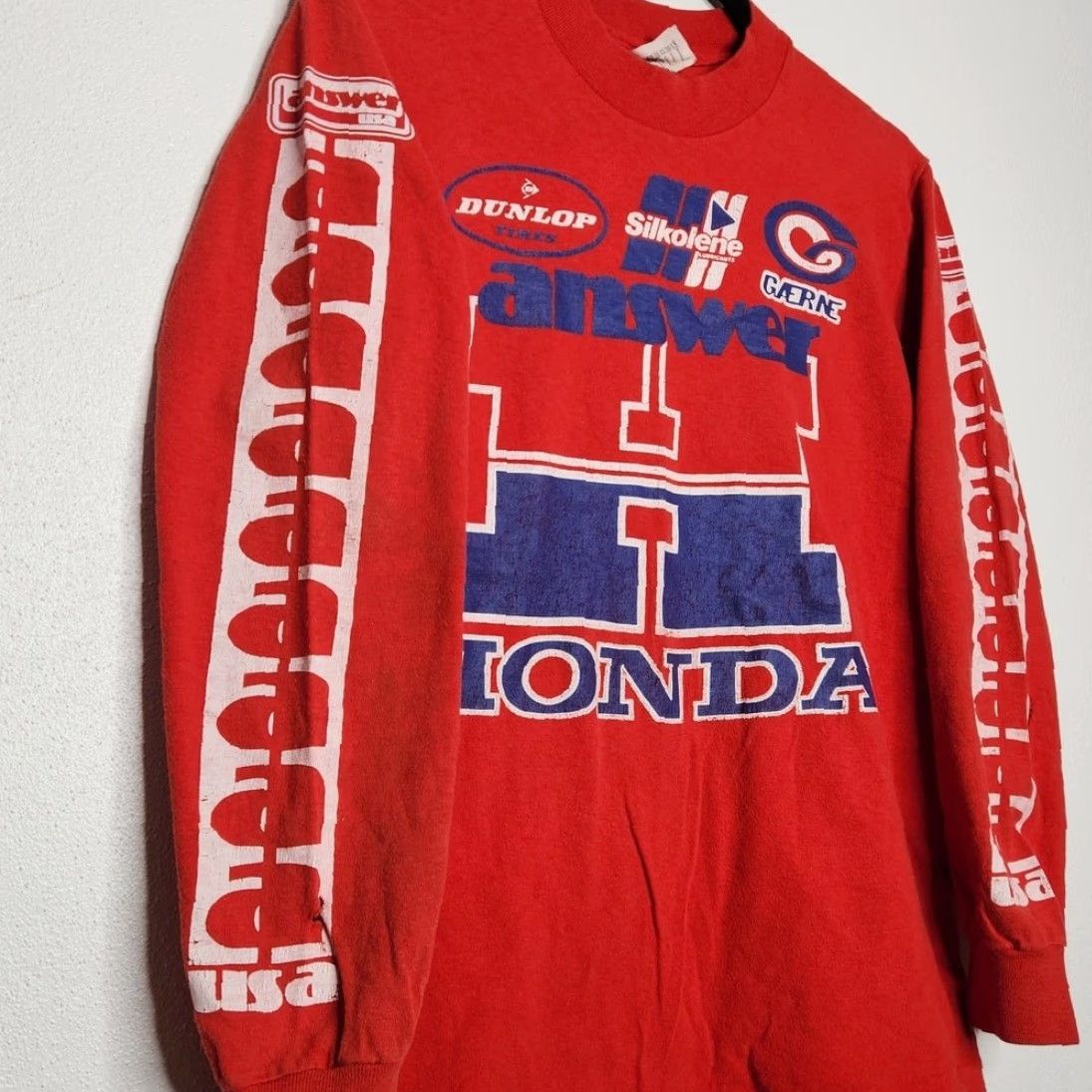 Honda VINTAGE Honda Answer Dunlop Racing Long Sleeve Shirt Dirtbike 70s Red M Unisex Adults Shirt Mens Women Size US M / EU 48-50 / 2 - 2 Thumbnail