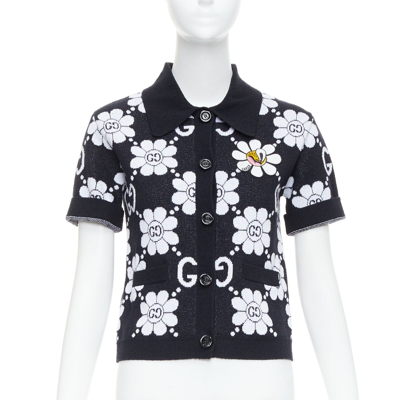 Gucci GUCCI 2024 black white cotton blend floral daisy knit polo cardigan S Size S / US 4 / IT 40 - 1 Thumbnail
