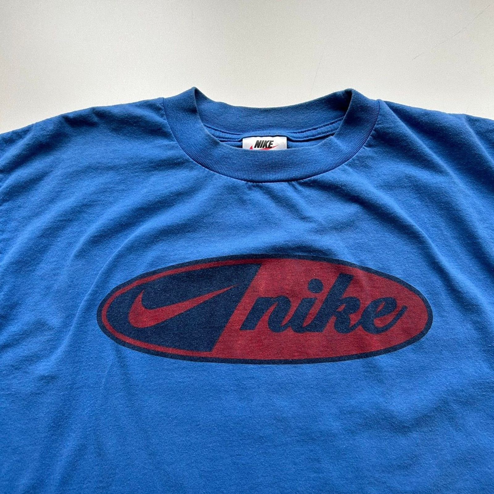 Nike × Vintage Vintage 90s Nike T Shirt Large Swoosh Cursive Logo Blue Rare Size US L / EU 52-54 / 3 - 2 Thumbnail