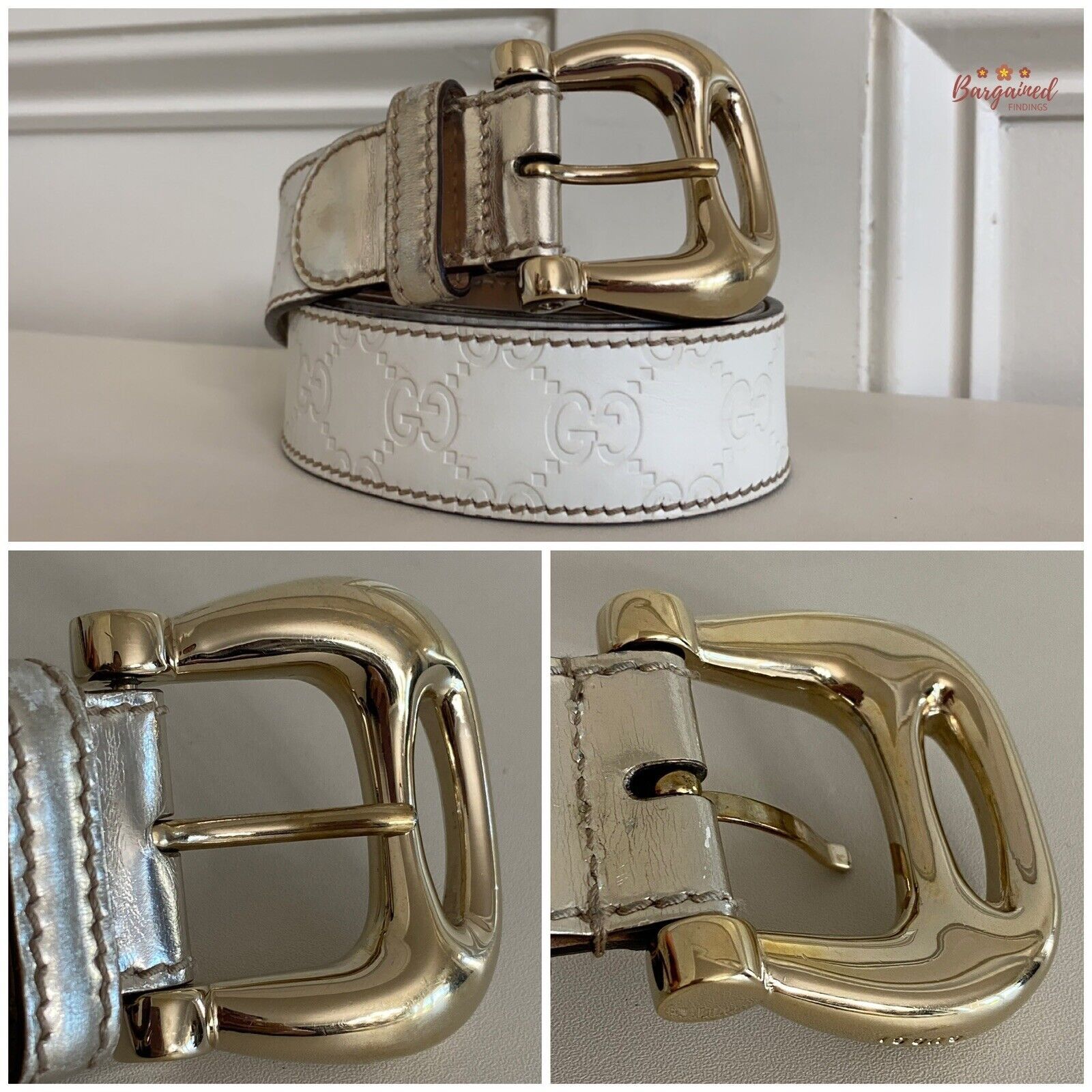 Gucci Gucci White GG Embossed Guccissima Leather Gold Buckle Belt Size 30 - 8 Thumbnail