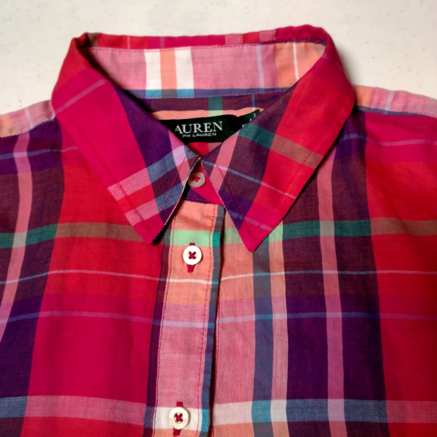 Ralph Lauren LAUREN RALPH LAUREN Blouse Shirt Women Medium Roll Tab Sleeve Purple Plaid Casual Preppy Size M / US 6-8 / IT 42-44 - 7 Thumbnail