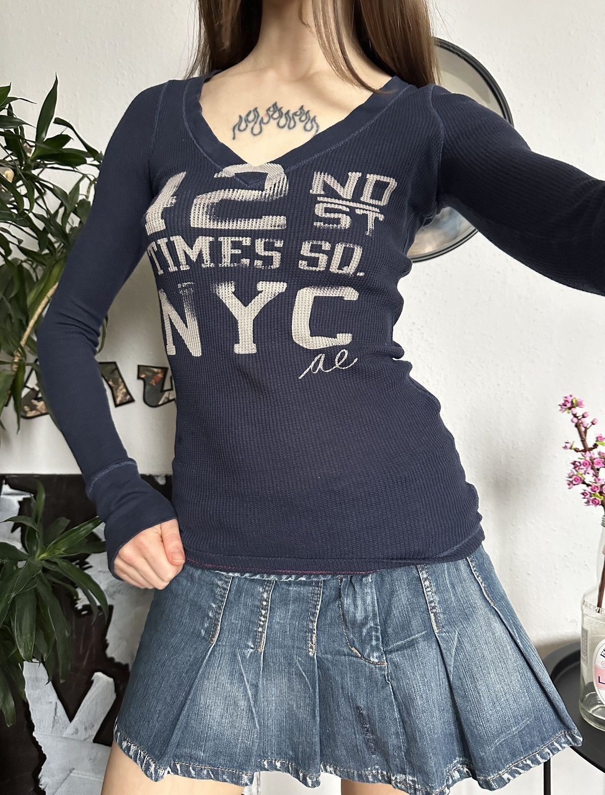 American Eagle Outfitters × Vintage 2000s American Eagle Waffle Sheath Skinny Long Sleeve Top Size XS / US 0-2 / IT 36-38 - 6 Thumbnail