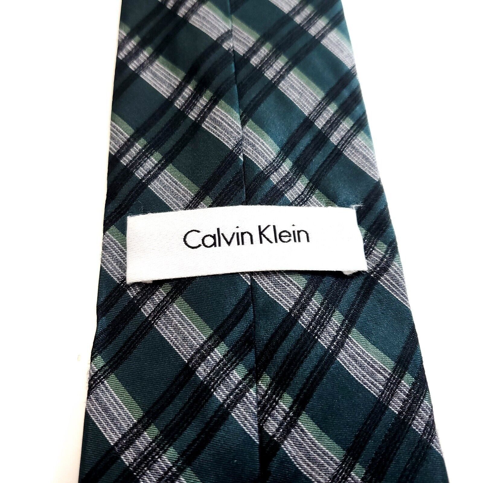 Calvin Klein Calvin Klein Green Gray Plaid Woven Viscose Silk Tie Size ONE SIZE - 3 Thumbnail