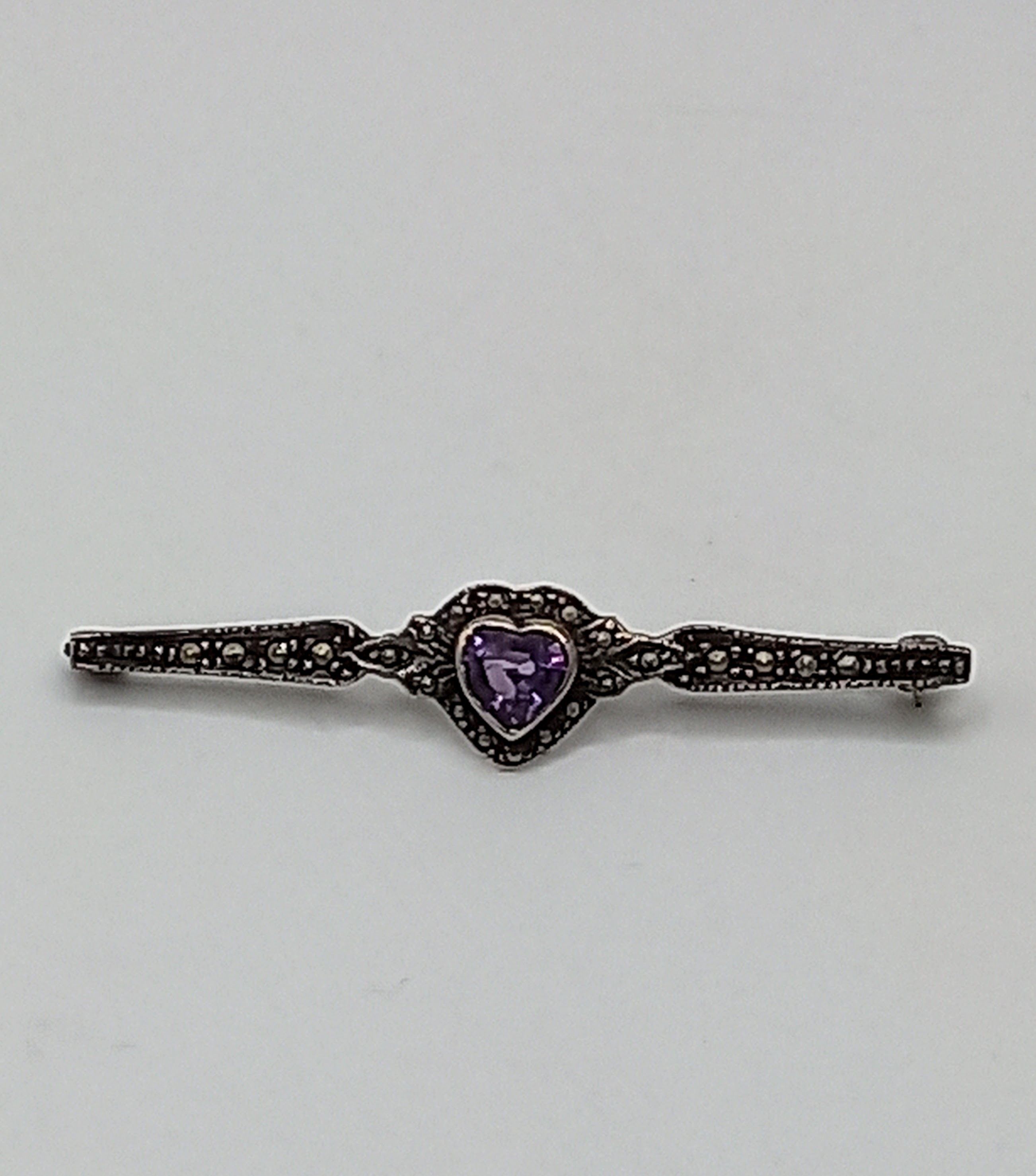 Sterling Silver Marcasite brooch with Amethyst Heart Sterling Silver Size ONE SIZE - 1 Thumbnail
