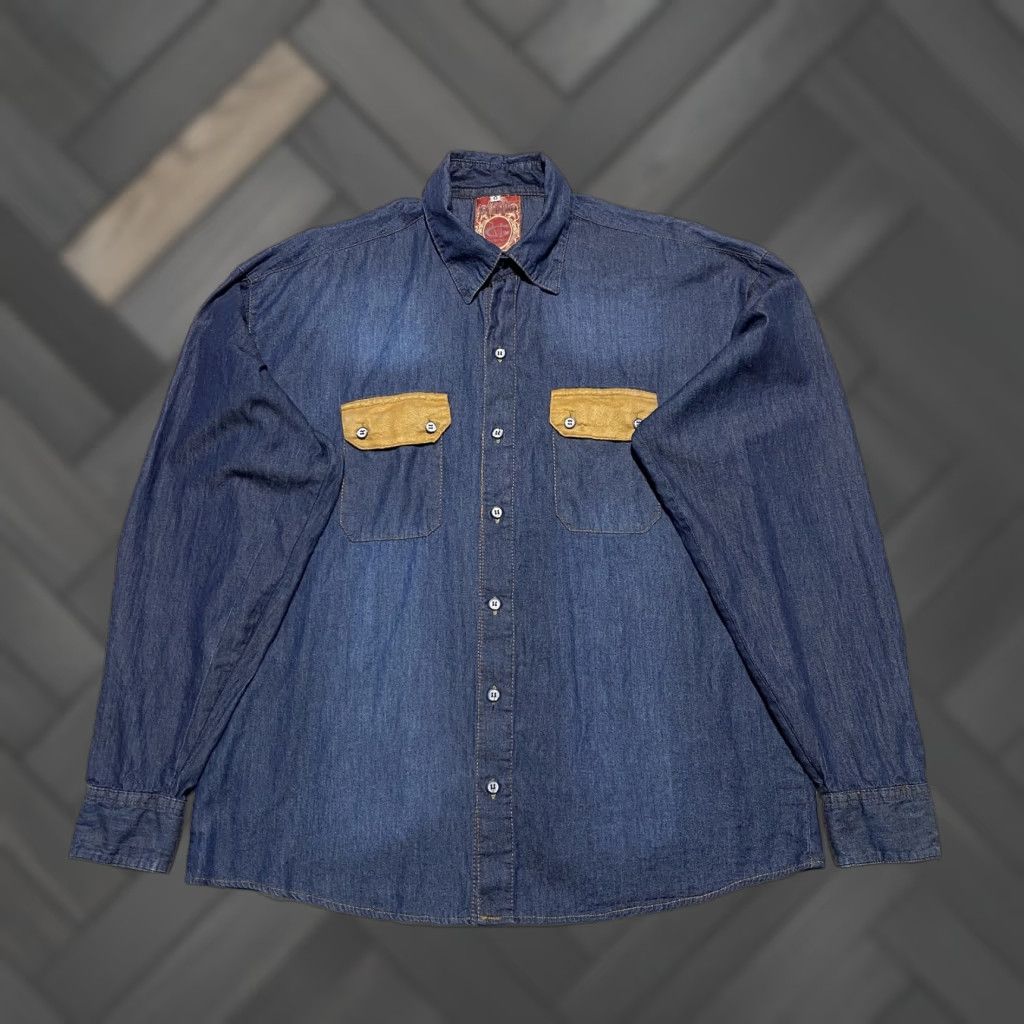 Denime VINTAGE Gerard Margon Shirt Mens Large Blue Denim Western Suede Elbow Patch Long Sleeve Size US L / EU 52-54 / 3 - 1 Thumbnail