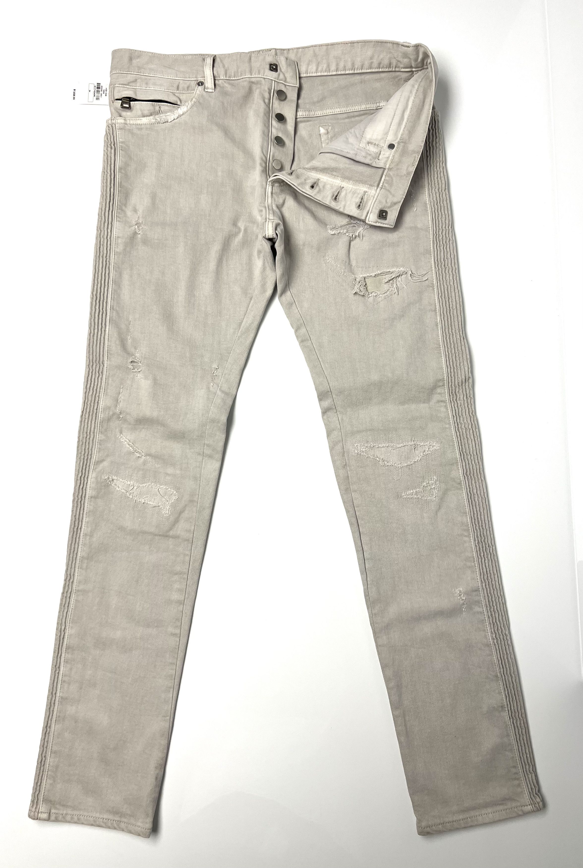 Balmain 1625$ NWT, BALMAIN LIGHT GREY DISTRESSED RIBBED DENIM JEANS Size US 34 / EU 50 - 12 Thumbnail
