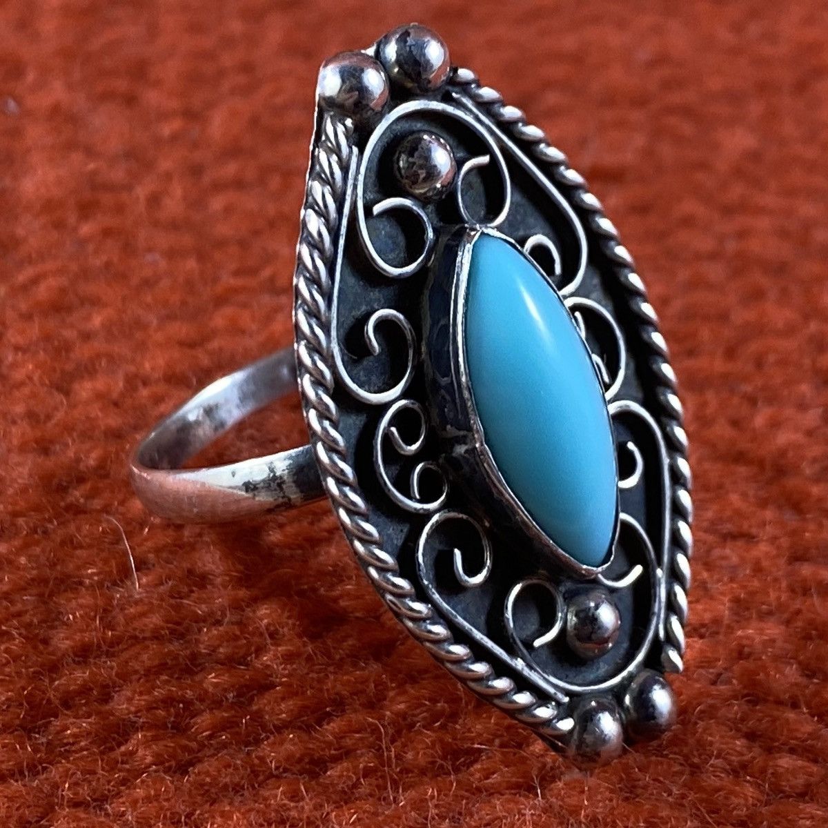 Japanese Brand Vtg 60s 70s Taxco Sterling Silver Turquoise Filigree Ring Size ONE SIZE - 2 Thumbnail
