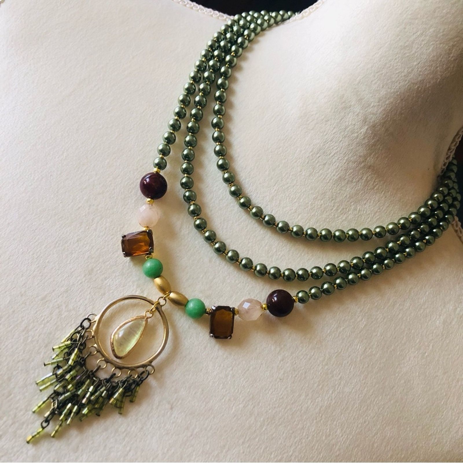 Handmade Handcrafted repurpose opal fringe Czech glass Pearl necklace Size ONE SIZE - 1 Thumbnail