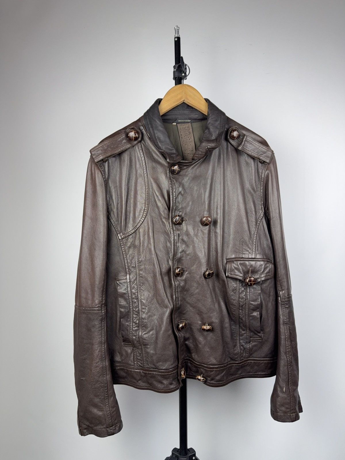 Messagerie Messagerie Italy Brown Leather Jacket Biker Military Style Size US L / EU 52-54 / 3 - 1 Thumbnail