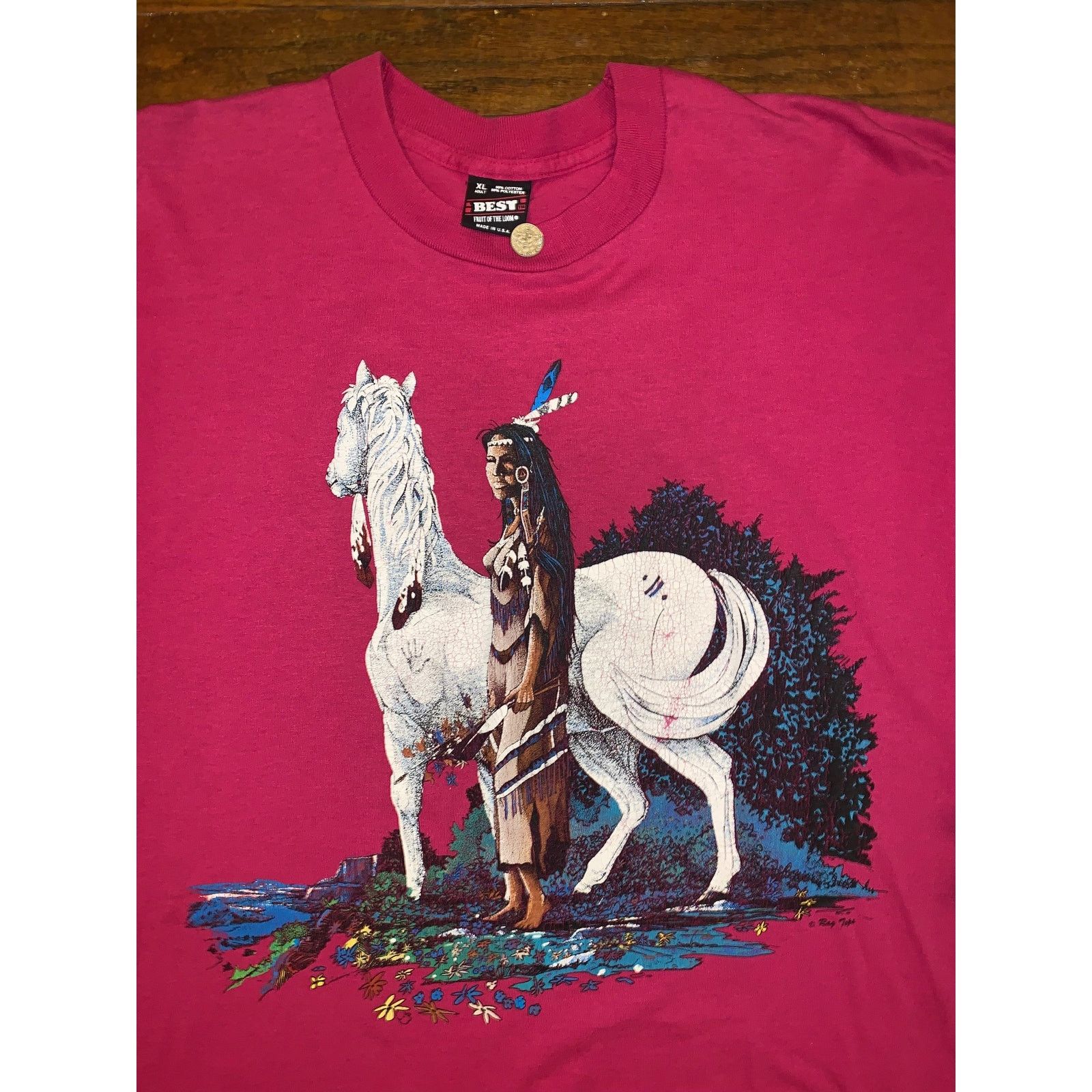 Fruit Of The Loom × Other × Vintage 90s Native American Horse T Shirt Pink Single Stitch L USA Size US XL / EU 56 / 4 - 6 Thumbnail