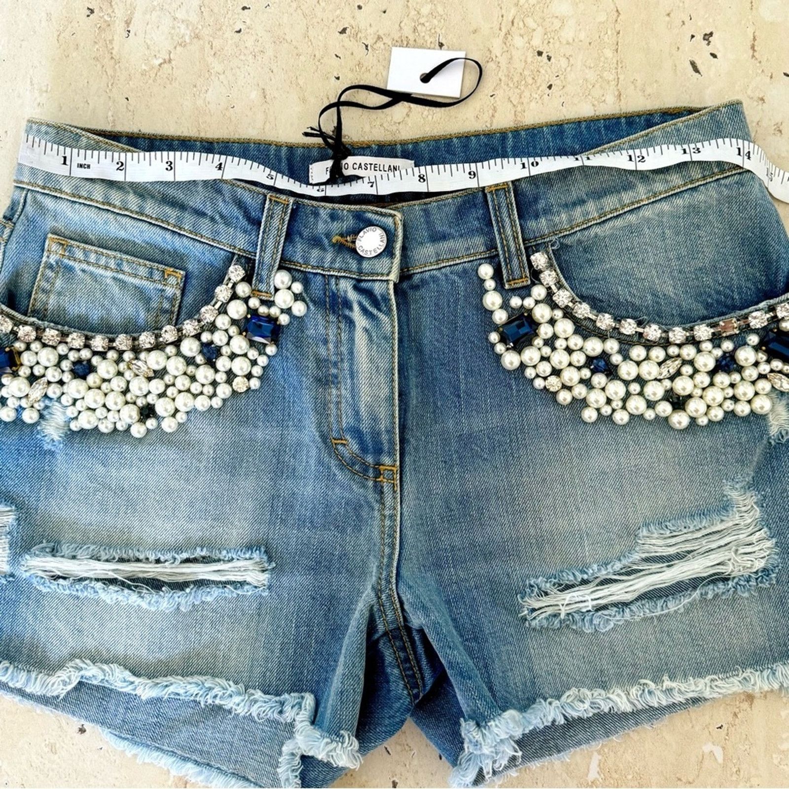 Other New! Flavio Castellani Jeans Shorts, Size 40 Crystals/Pearls Size 27" / US 4 / IT 40 - 9 Thumbnail