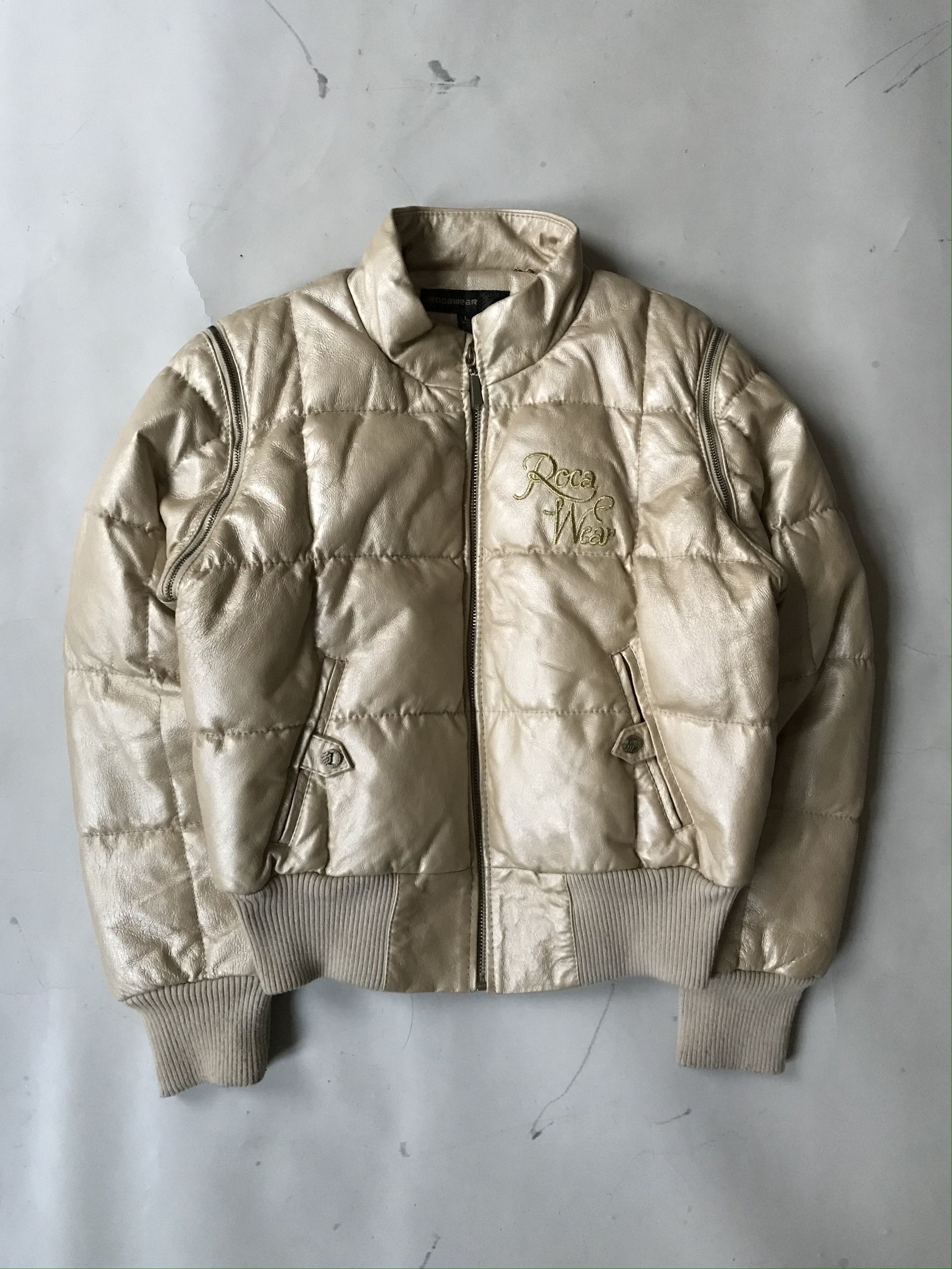 image of Rocawear Leather Puffer Down Removable Sleeves Bomber Jacket in Gold, Women's (Size Large)