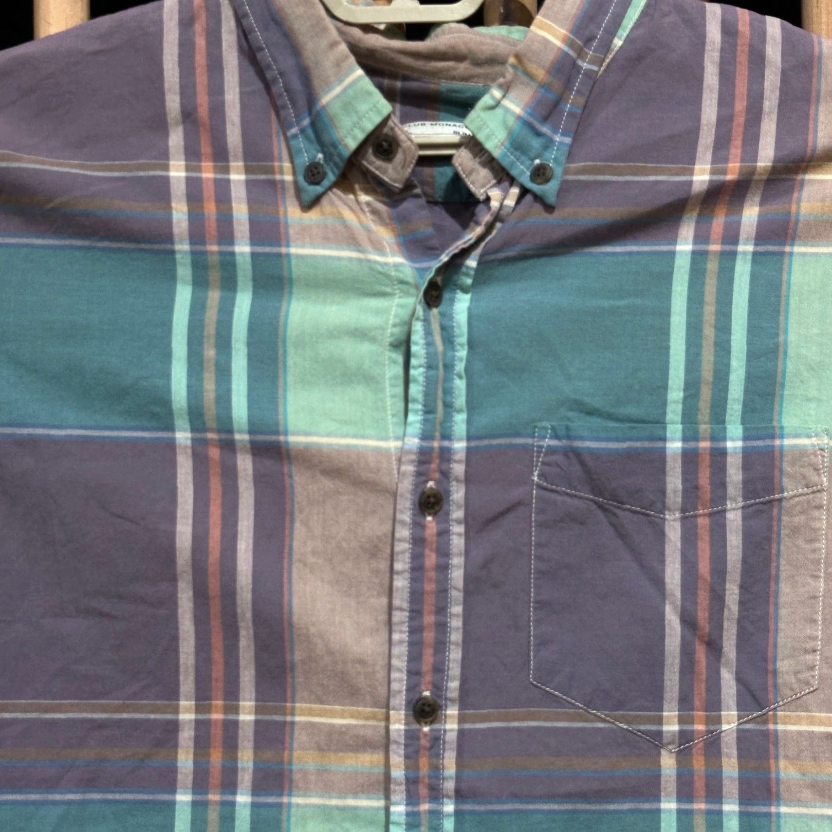 Club Monaco Club Monaco Shirt Men XL 100% Cotton Purple Green Brown Slim Fit Plaid Preppy Button-Up Casual Professional (No extra text) Size US XL / EU 56 / 4 - 3 Thumbnail