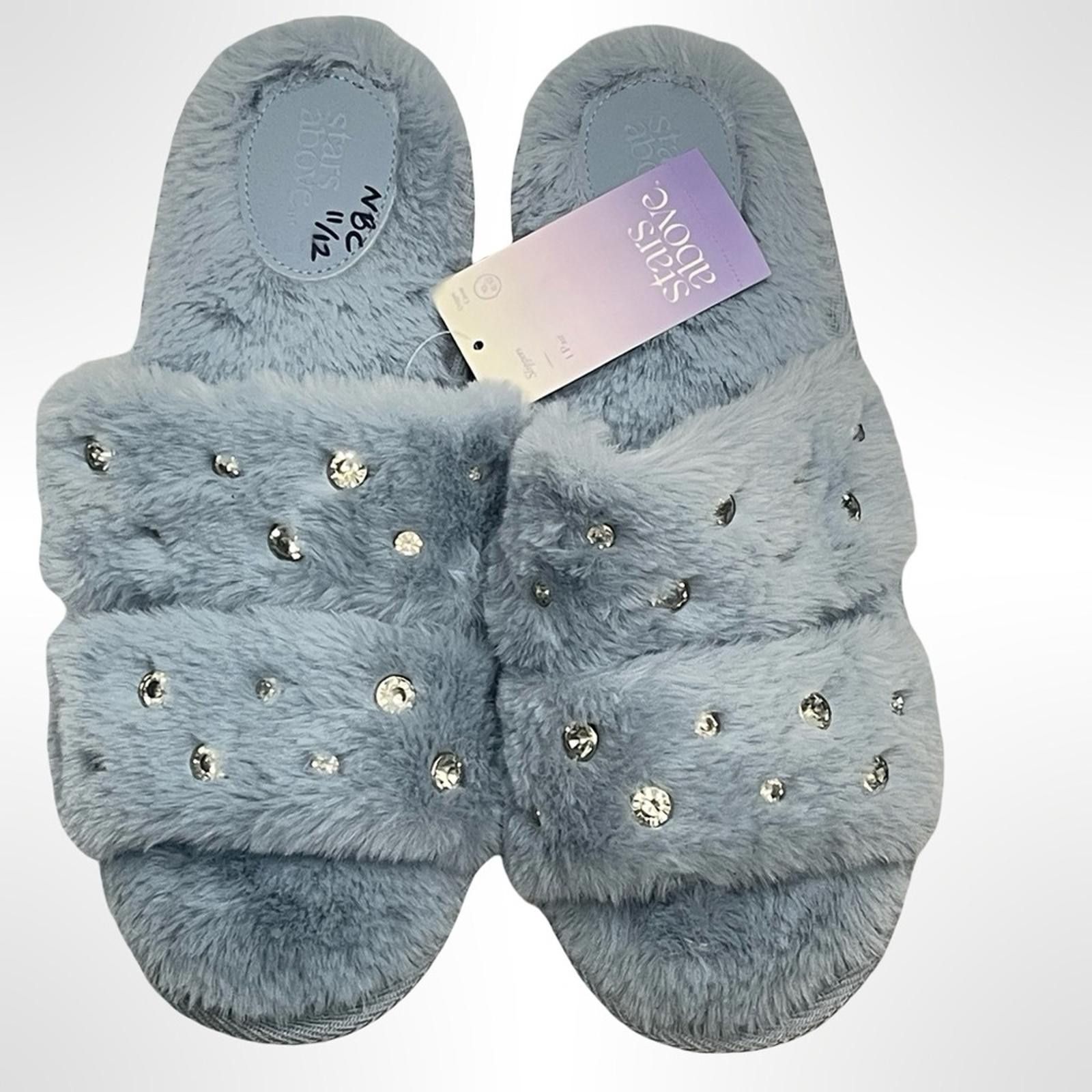 Other Blue Fuzzy Slippers with Rhinestones NWT Size US 11 / IT 41 - 2 Thumbnail