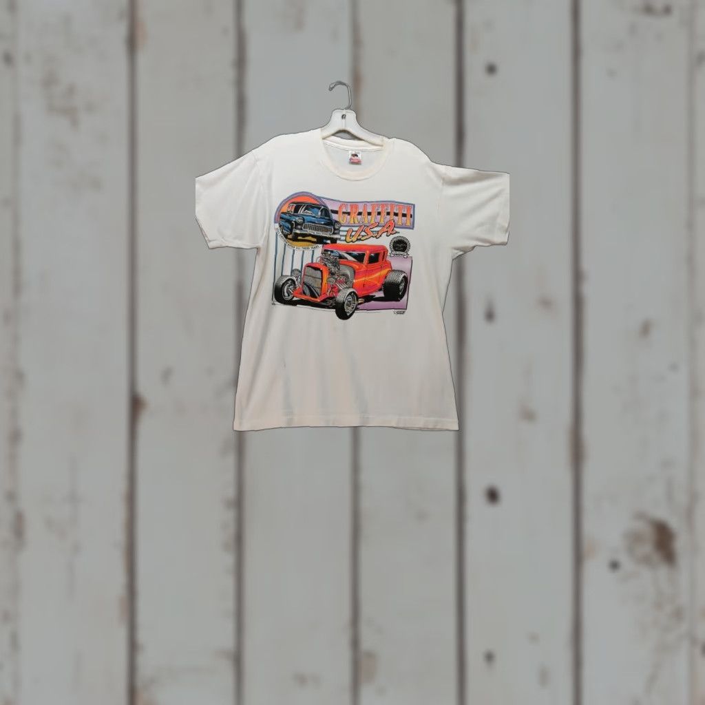 Fruit Of The Loom VINTAGE Graffiti USA 1992 T-Shirt Modesto CA Large White Single Stitch The Cruise Mens L Cotton Fruit of the Loom Graphic Tee Shirt Size US L / EU 52-54 / 3 - 1 Thumbnail