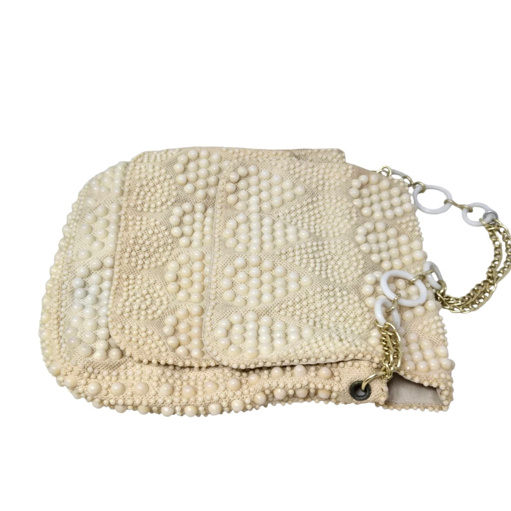 Vintage VINTAGE Beaded Ivory Purse Handbag Gold Chain Evening Bag Wedding Hong Kong Womens Size ONE SIZE - 5 Thumbnail