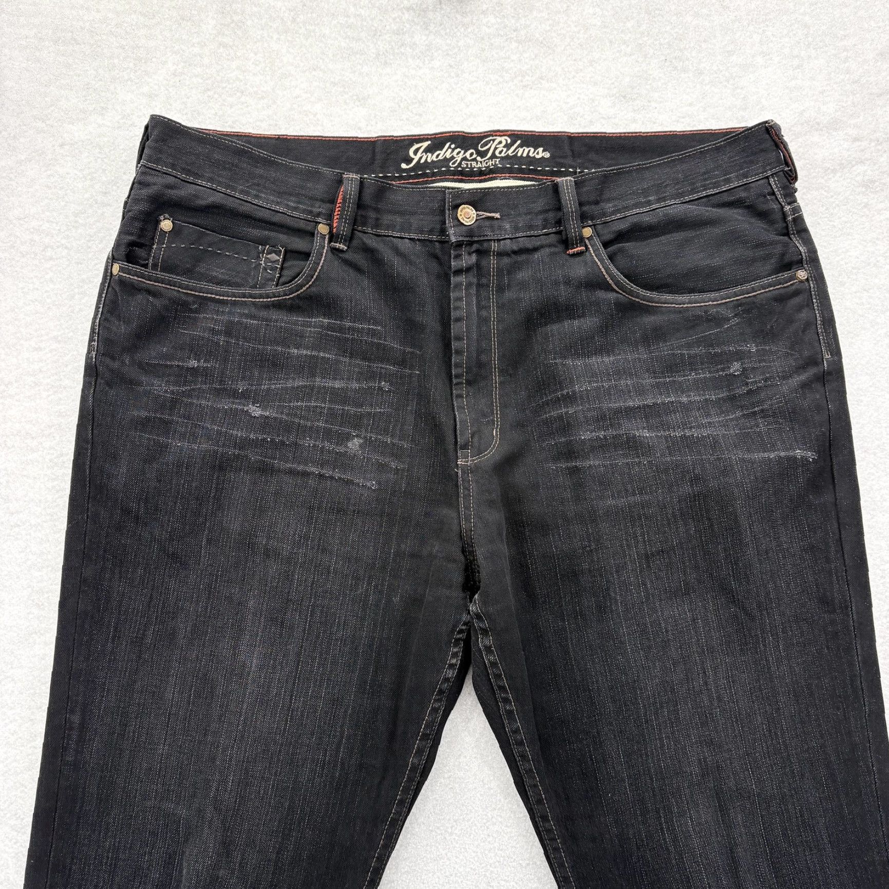 Denime VINTAGE Indigo Palms Jeans Mens 42x32 Black Straight Leg Premium Denim Distressed Wash Size US 42 / EU 58 - 2 Thumbnail