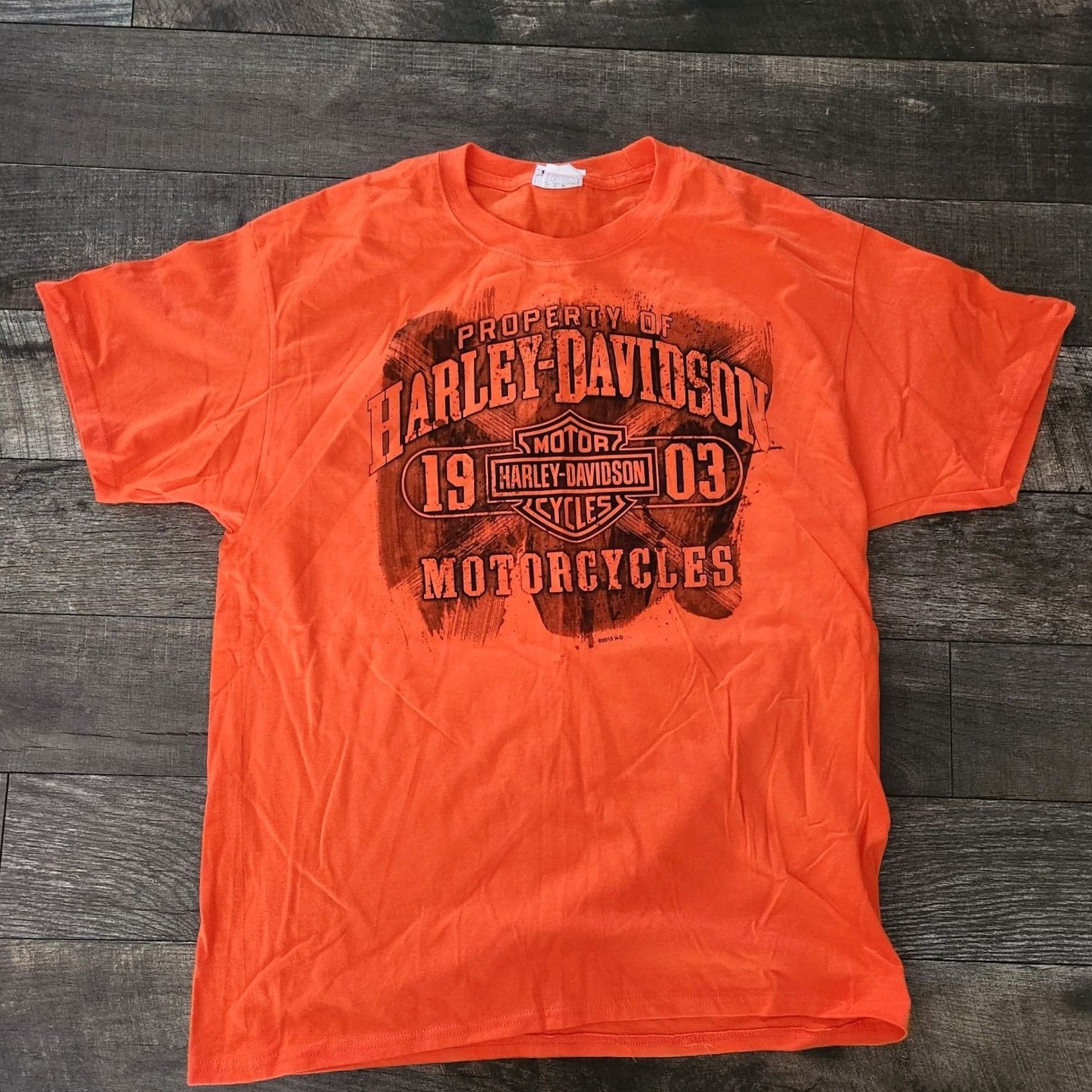Harley Davidson Harley-Davidson T Shirt Tee Mens Large Orange Akron Ohio Biker Graphic Print Logo Short Sleeve Crew Neck Cotton Polyester 2010-2019 Vintage No Mens Size US L / EU 52-54 / 3 - 3 Thumbnail