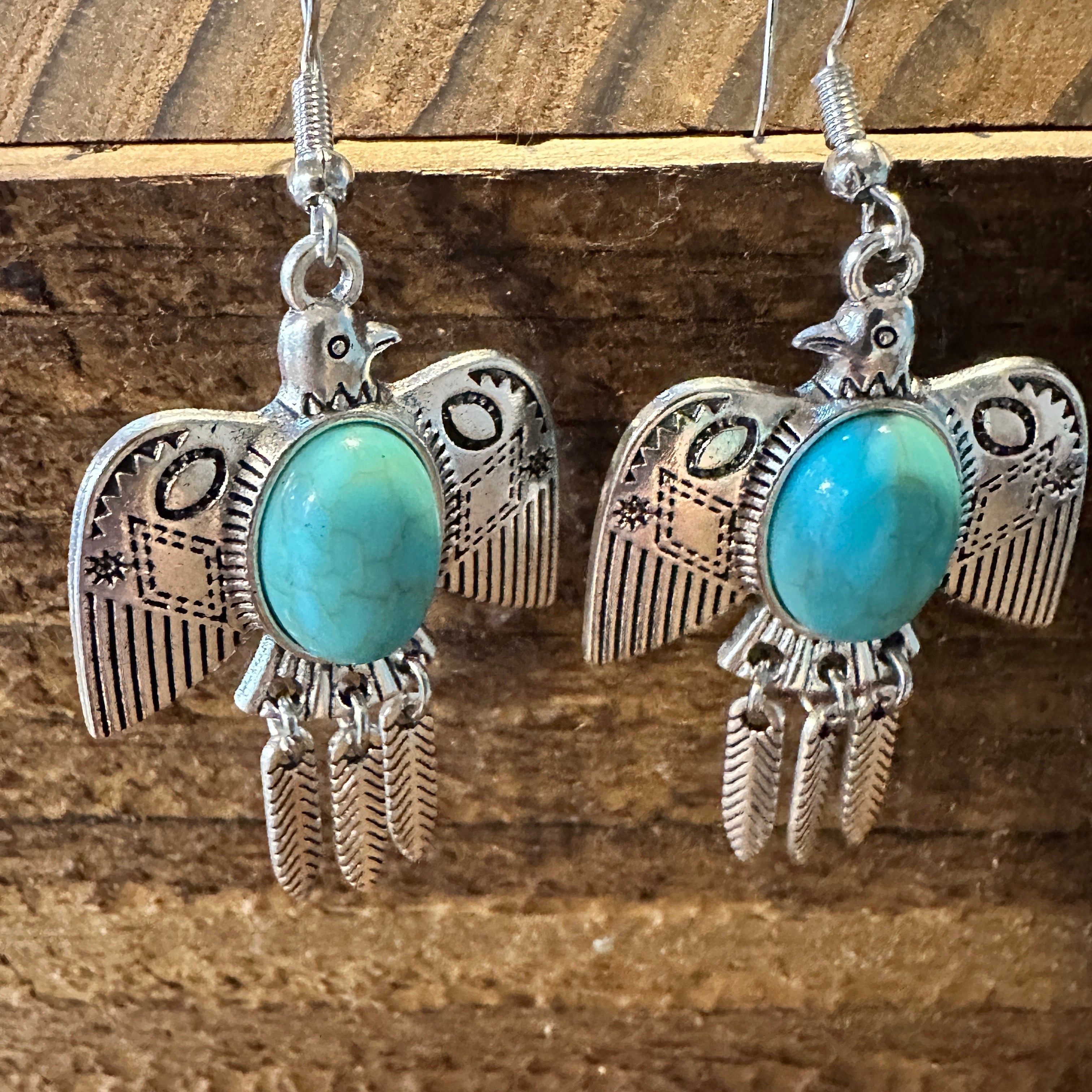 Other Navajo Thunderbird Turquoise Drop Earrings with Silver Plati Size ONE SIZE - 2 Thumbnail