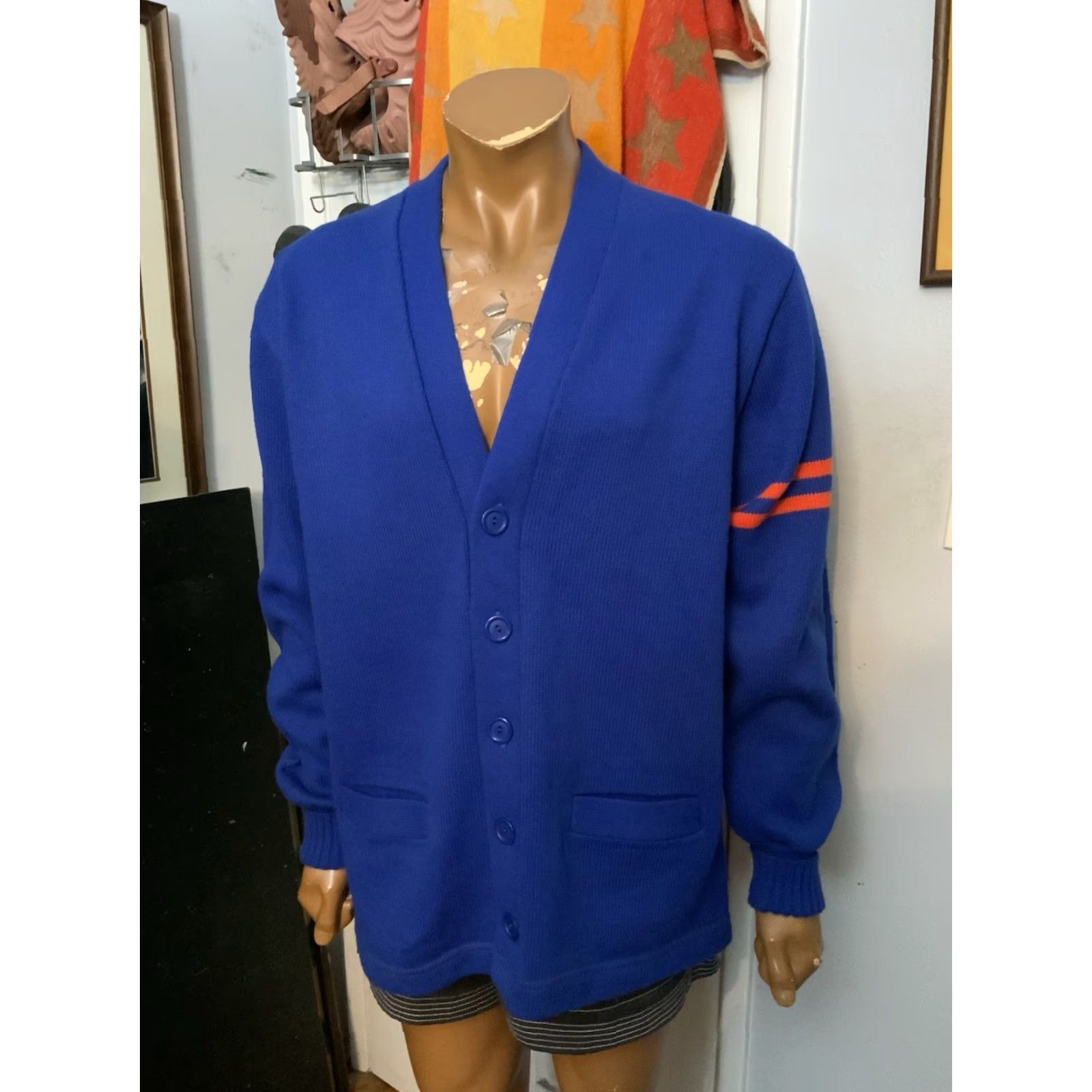 Vintage VINTAGE Hatchers MFG Blue Red Stripe Varsity Cardigan Sweater Sz.44 Knit 60s 70s Mens Womens? Size US XXL / EU 58 / 5 - 7 Thumbnail