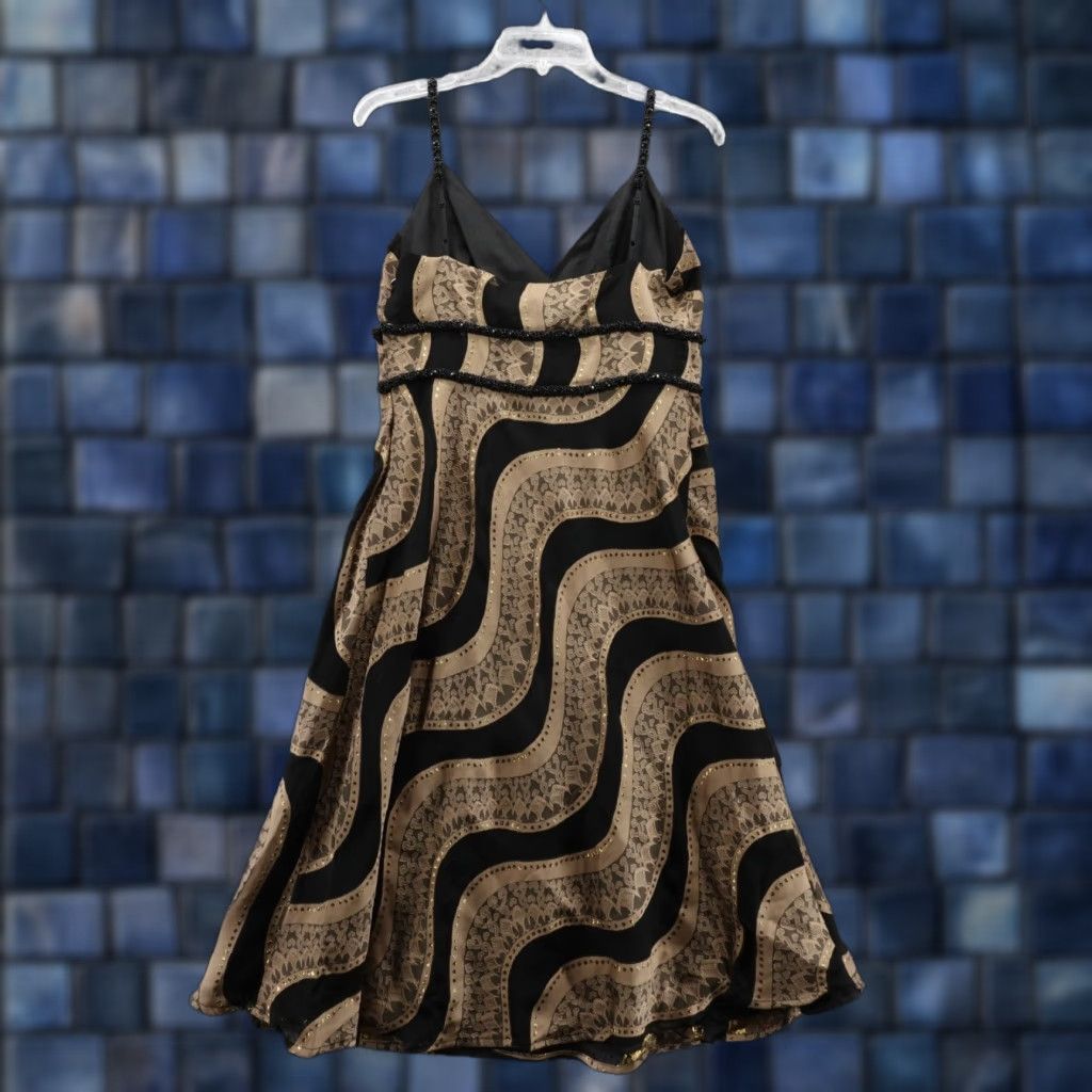 NWT WD-NY Beaded Silk Fit Flare Dress 10 Black Brown Stripe Womens Jacquard Midi