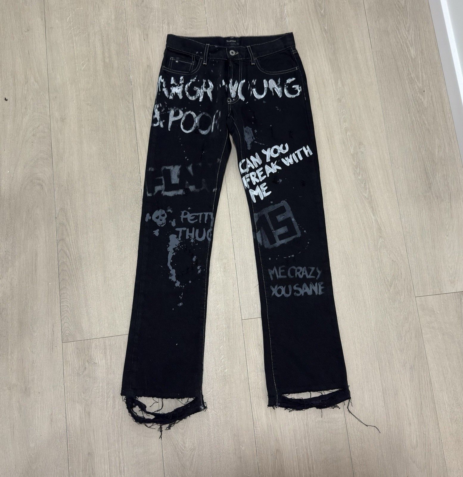 Energie Mens Jeans Trousers Paint Print y2k Distressed Mens