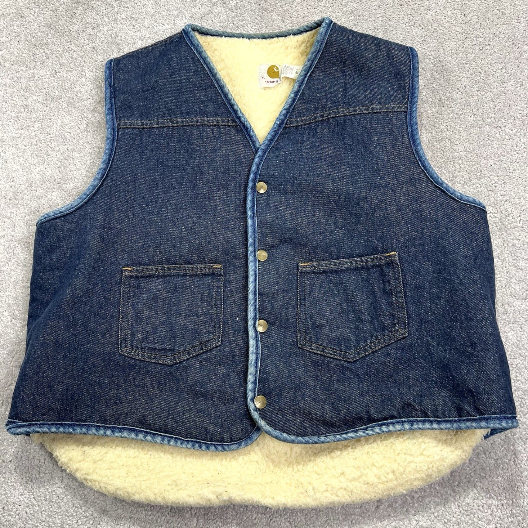 Carhartt VINTAGE Carhartt Denim Jean Vest Men's XL Blue Sherpa Lined Workwear USA 8SV 80s Western Pockets Camouflage? Size US 36 / EU 52 - 2 Thumbnail