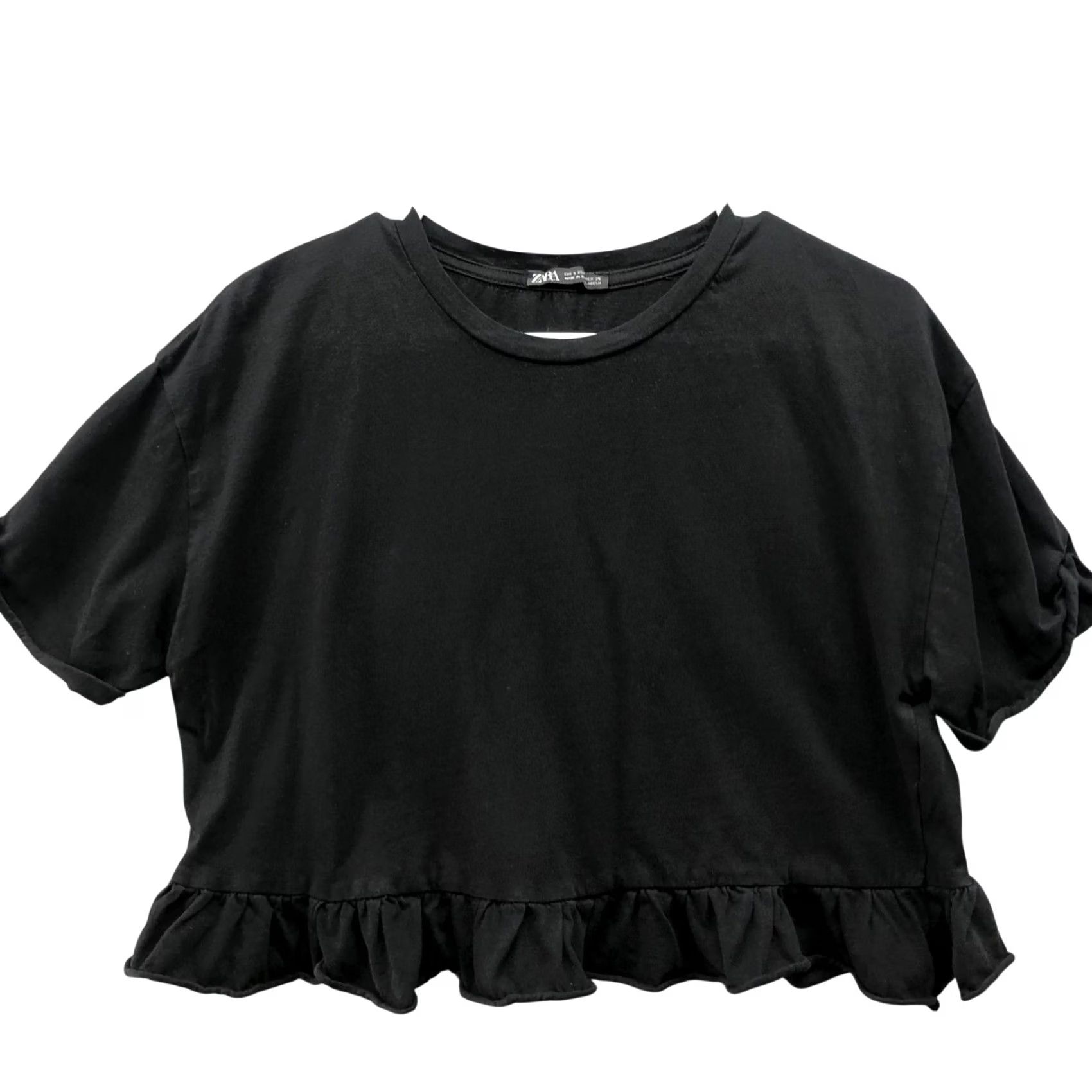 Zara Zara Ruffle Hem Cropped Tee Womens S Black Short Sleeve Crewneck Shirt Size S / US 4 / IT 40 - 2 Thumbnail