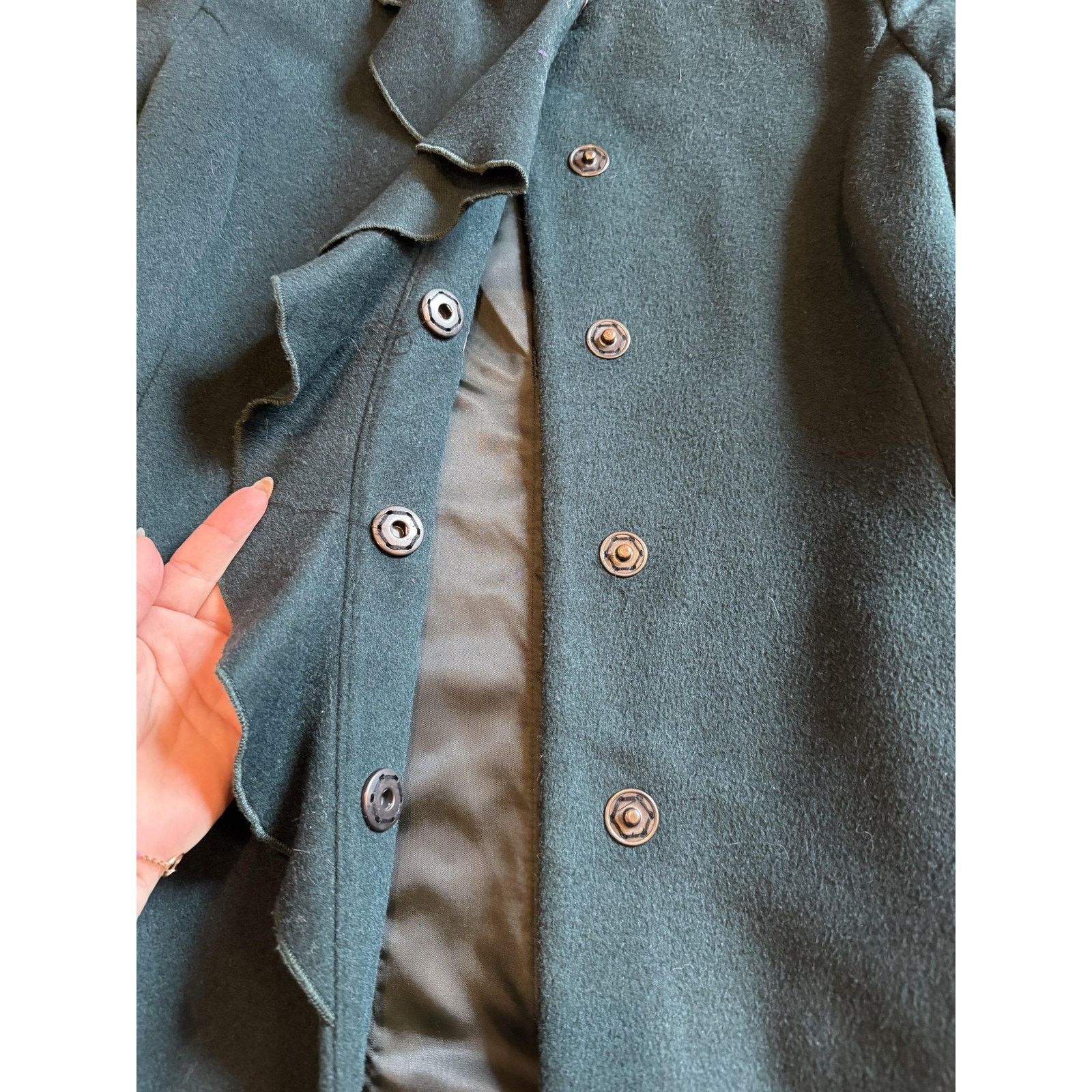 DKNY DKNY Coat 12 Green Wool Blend Ruffle Front Snap Button Long Size XL / US 12-14 / IT 48-50 - 2 Thumbnail