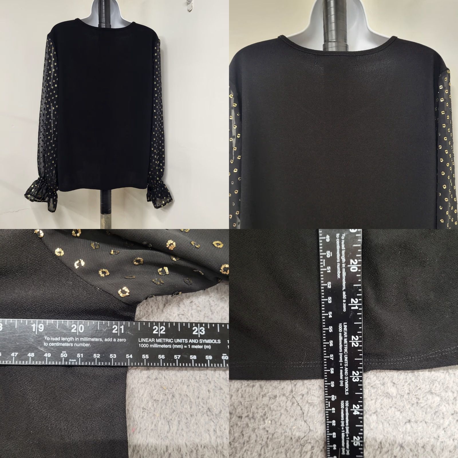 Vintage LOVE SCARLETT Blouse Women's XL Black Smocked Swiss Gold Dot Bell Sleeve Round Neck Pullover Size XL / US 12-14 / IT 48-50 - 8 Thumbnail