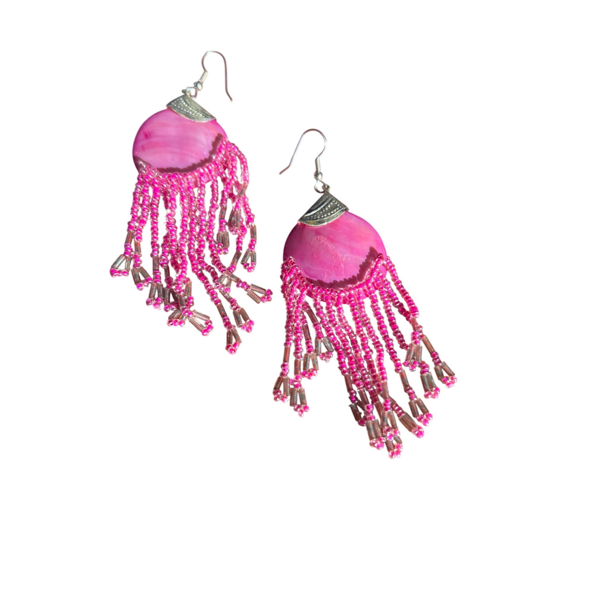 Other Vintage Pink Dyed Shell Beaded Dangle Earrings Silver Tone 4 Size ONE SIZE - 1 Thumbnail