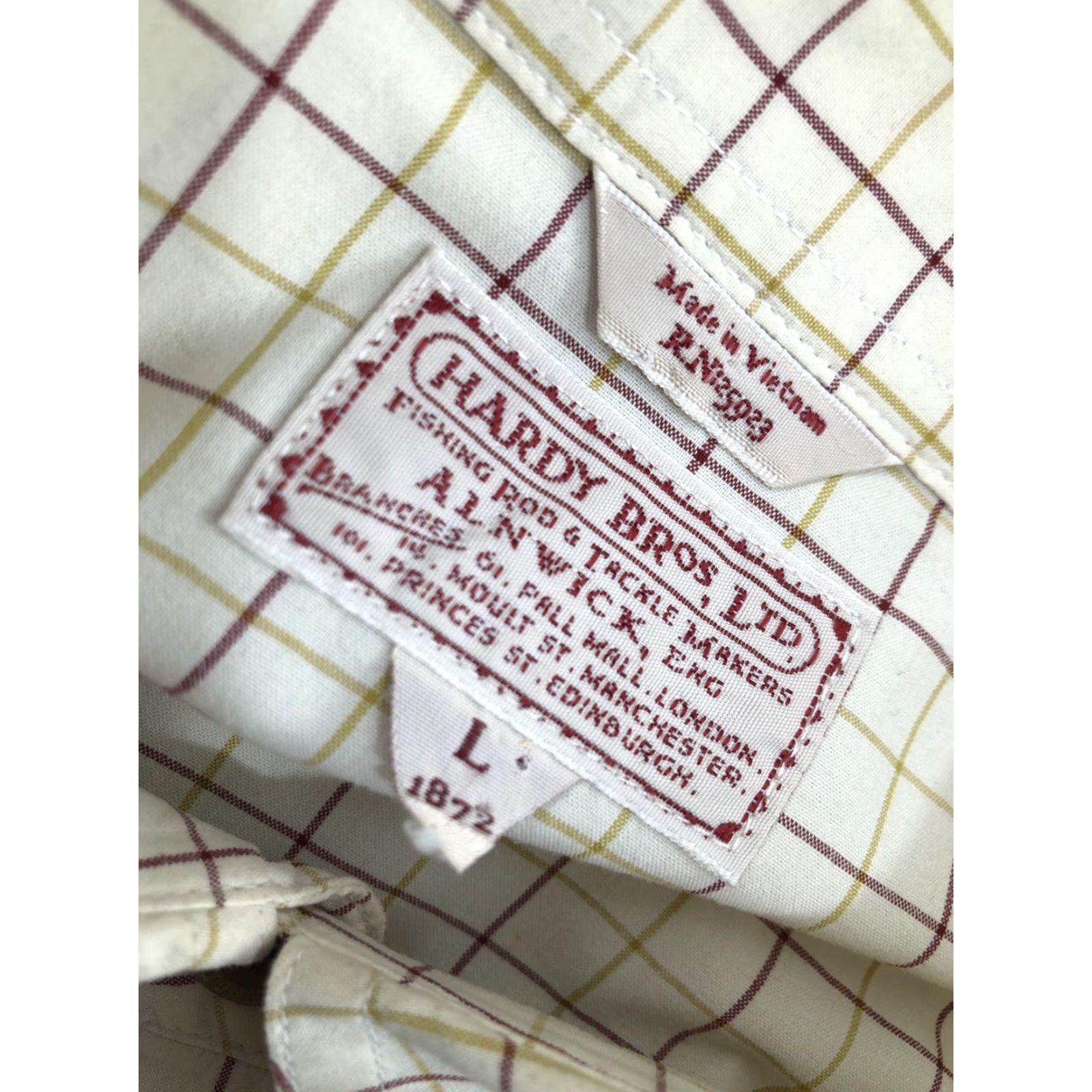 Vintage Hardy Bros Plaid Check FLY FISHING Embroidered Lg. Shirt - EXC. Button-Up - Men - Long Sleeve - Beige / Brown / Burgundy - J14 Size US L / EU 52-54 / 3 - 7 Thumbnail
