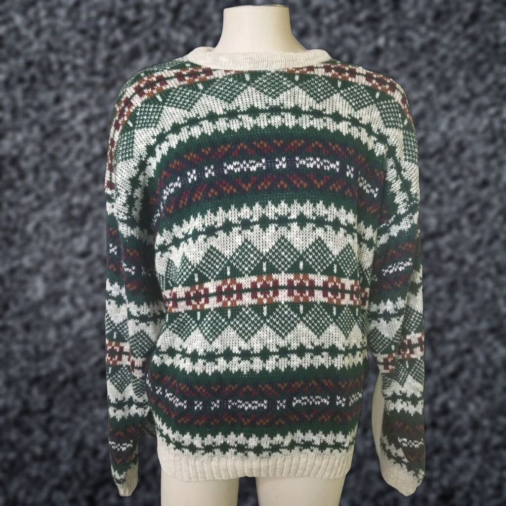 VINTAGE New Era Sweater Shirt Mens L Green 80s Knit Crew Neck Pullover Winter Ski Lodge Casual