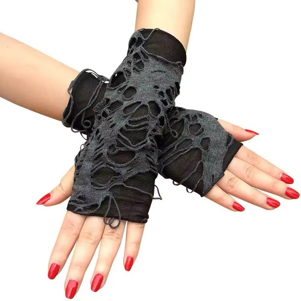 Other Simple Gothic Fingerless Gloves Unisex Tear Design Stretchy Size ONE SIZE - 2 Thumbnail