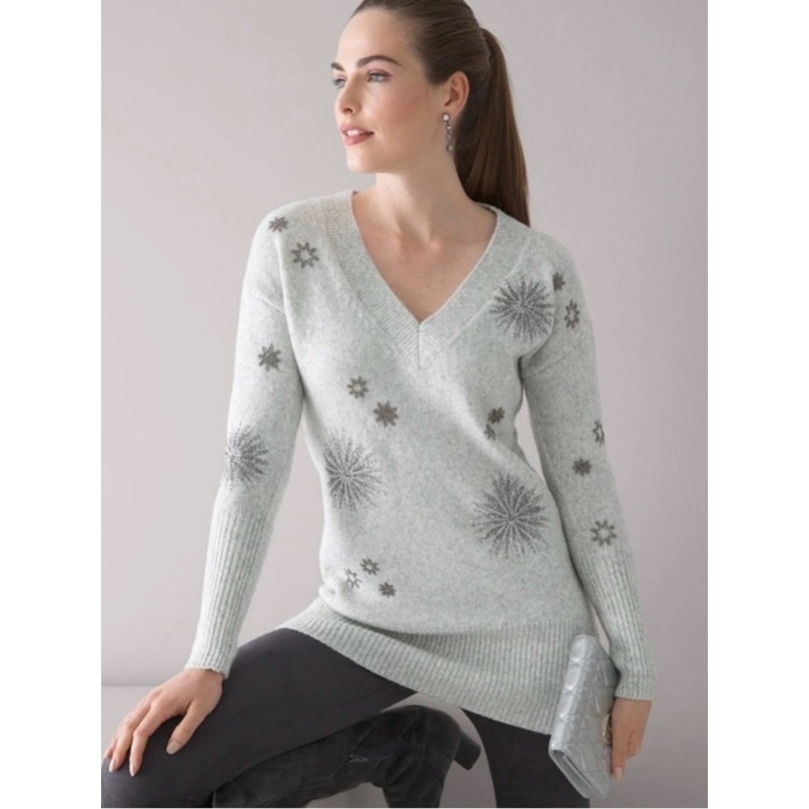 White House Black Market WHBM Light Gray V-Neck Snowflake Beaded Knit Sweater Dress S Size S / US 4 / IT 40 - 1 Thumbnail