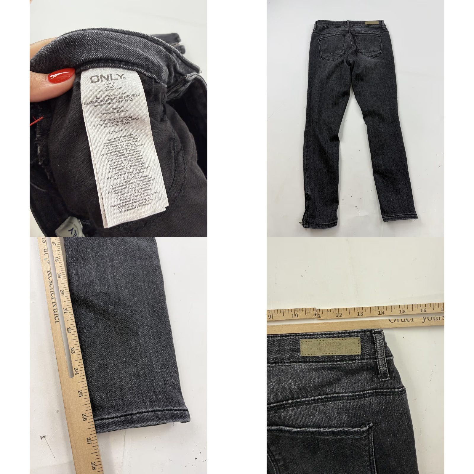 Vintage Only Kendell Jeans Womens Skinny Dark Gray Ankle Zip Distressed 30x27 Denim Slim Pockets Size 30" / US 8 / IT 44 - 8 Thumbnail