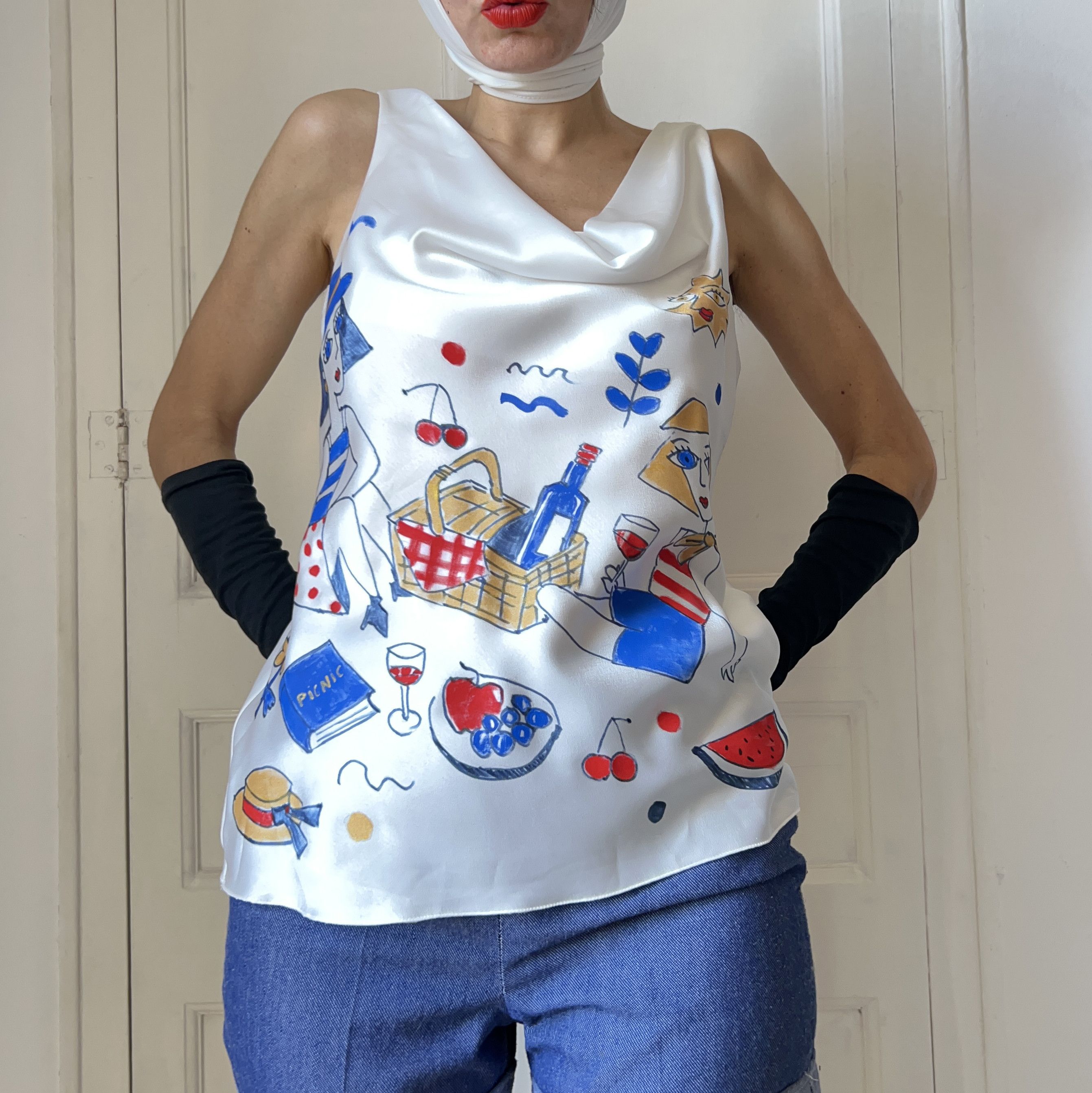Custommade Hand Painted Picnic Satin Wearable Art Tank Top Size M / US 6-8 / IT 42-44 - 2 Thumbnail