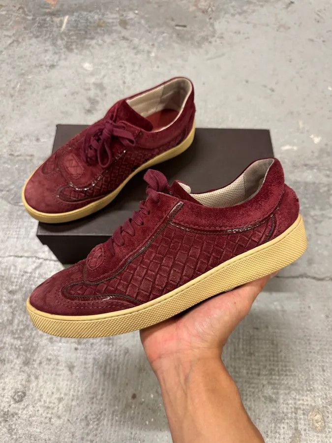 Bottega Veneta Bottega Veneta Intrecciato Woven Suede Bordeaux Leather Low Sneakers Size US 7 / EU 40 - 2 Thumbnail