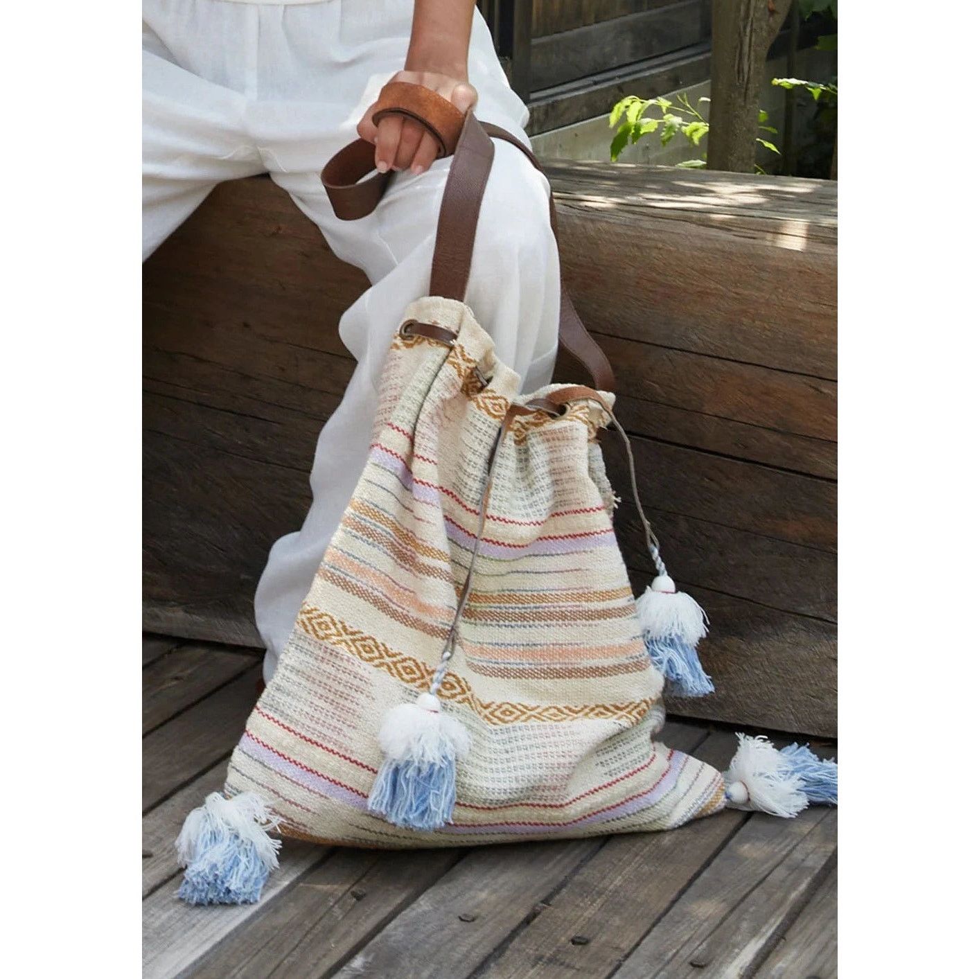 Other Lovestitch Tan Multicolor Striped Canvas Boho Bag Drawstring Size ONE SIZE - 9 Thumbnail