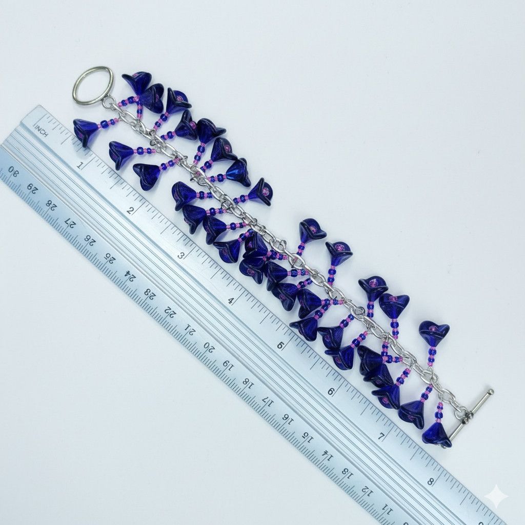 Handmade Charm Bracelet 7.25" Handmade Cobalt Blue Flower Czech Press Size ONE SIZE - 8 Thumbnail